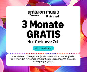 Jetzt 3 Monate Amazon Music unlimtied gratis testen.